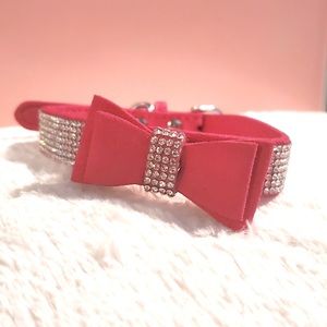 Pink rhinestone suede leather dog collar